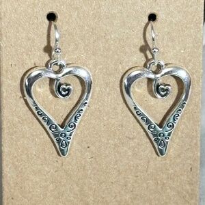 2/$20 Silver Tone Heart Hook Earrings Swirl Decorations Heart in Center NWOT